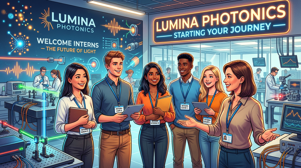 Group of interns with badges in a photonics laboratory during orientation